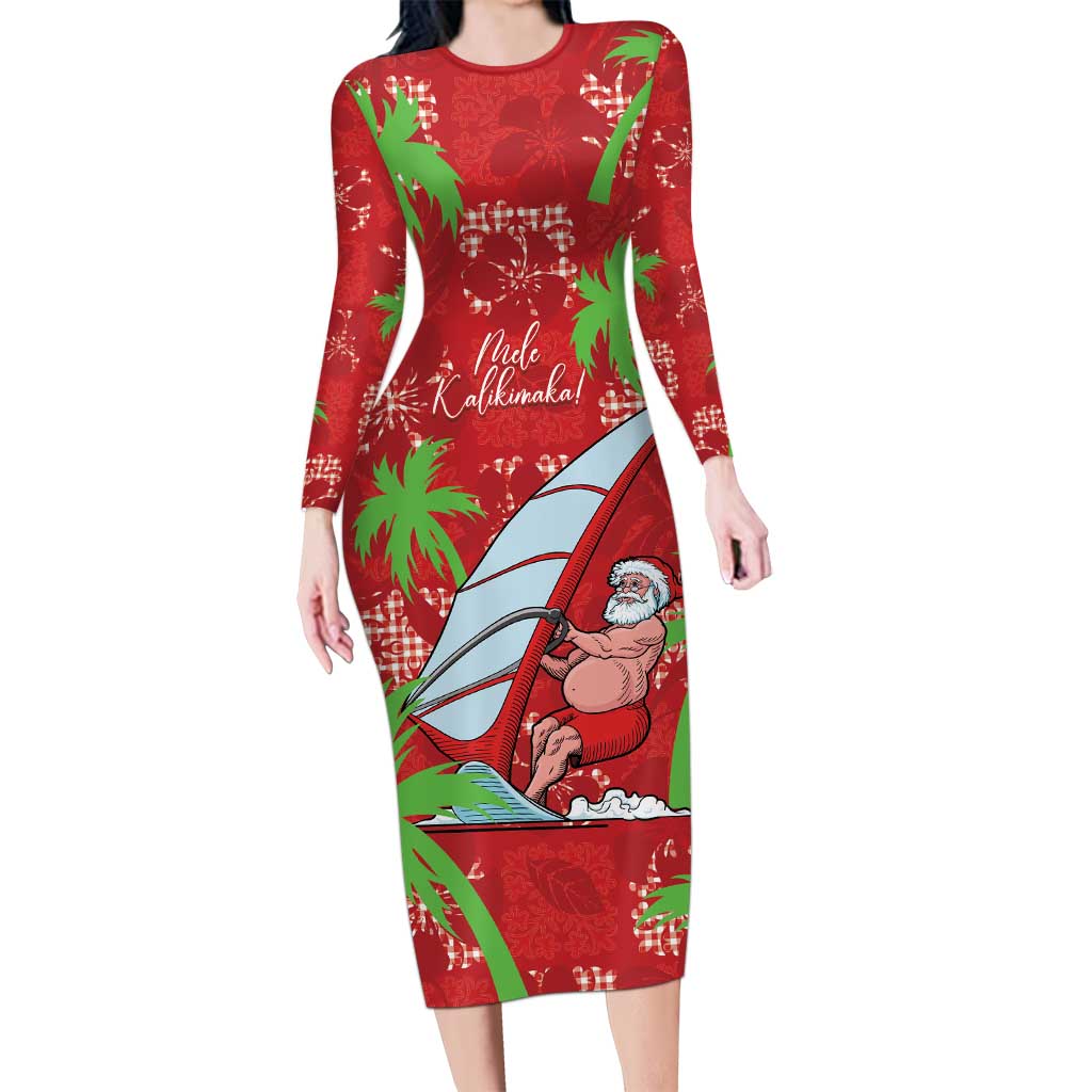 Aloha Hawaii Christmas Long Sleeve Bodycon Dress Mele Kalikimaka Windsurfing Santa Palaka Quilt Motifs - Polynesian Pride