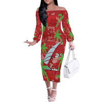 Aloha Hawaii Christmas Off The Shoulder Long Sleeve Dress Mele Kalikimaka Windsurfing Santa Palaka Quilt Motifs - Polynesian Pride