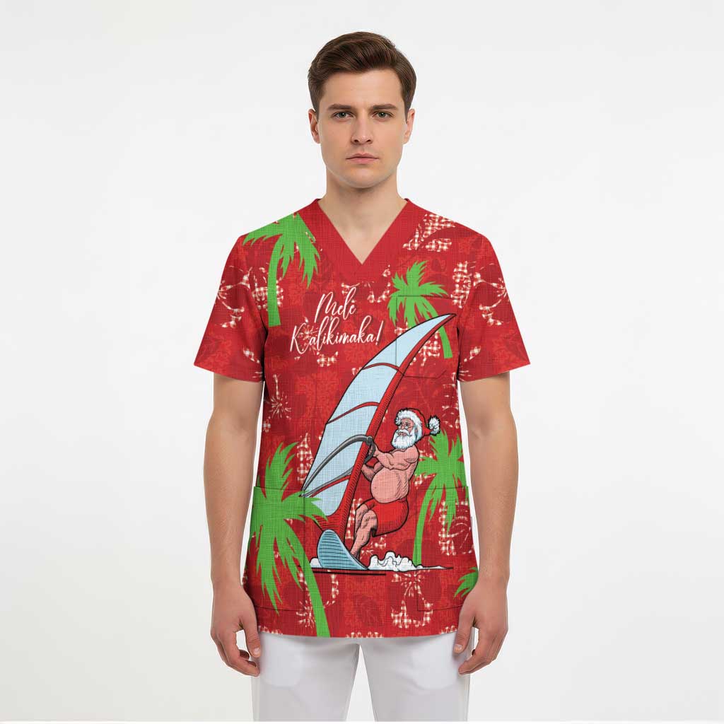 Aloha Hawaii Christmas Scrub Top Mele Kalikimaka Windsurfing Santa Palaka Quilt Motifs - Polynesian Pride