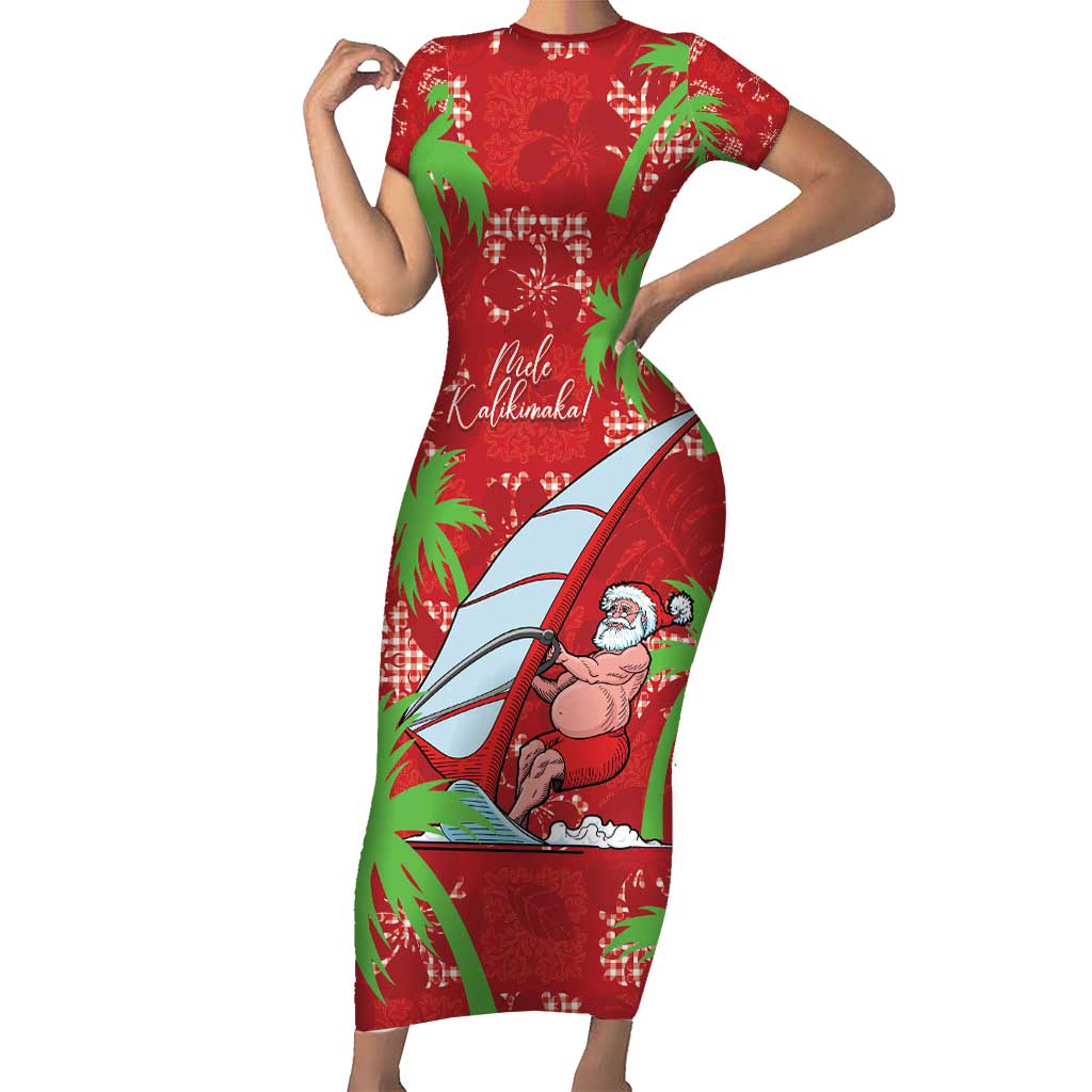 Aloha Hawaii Christmas Short Sleeve Bodycon Dress Mele Kalikimaka Windsurfing Santa Palaka Quilt Motifs - Polynesian Pride