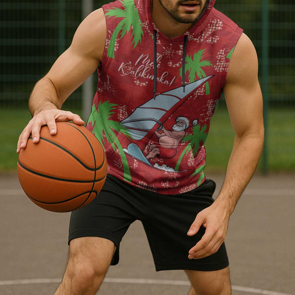 Aloha Hawaii Christmas Sleeveless Hoodie Mele Kalikimaka Windsurfing Santa Palaka Quilt Motifs - Polynesian Pride