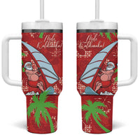 Aloha Hawaii Christmas Tumbler With Handle Mele Kalikimaka Windsurfing Santa Palaka Quilt Motifs - Polynesian Pride