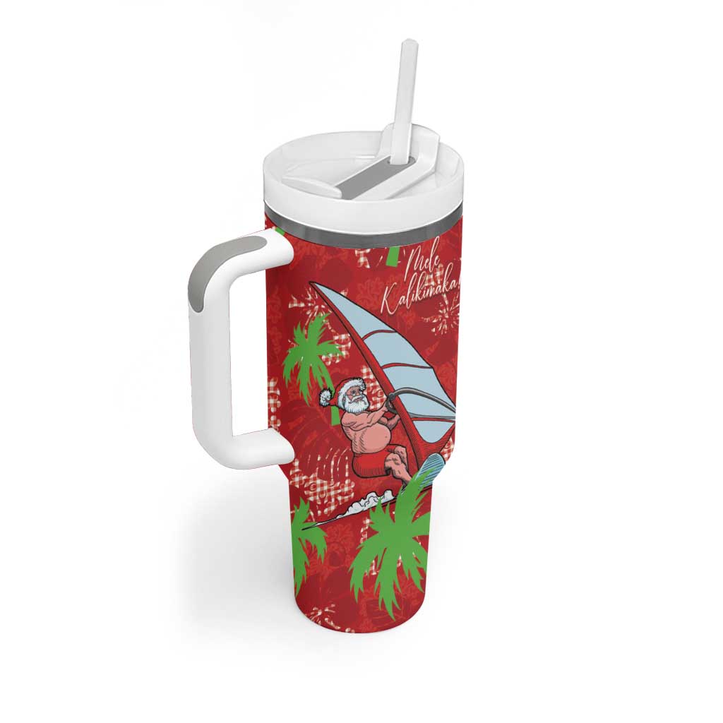 Aloha Hawaii Christmas Tumbler With Handle Mele Kalikimaka Windsurfing Santa Palaka Quilt Motifs - Polynesian Pride