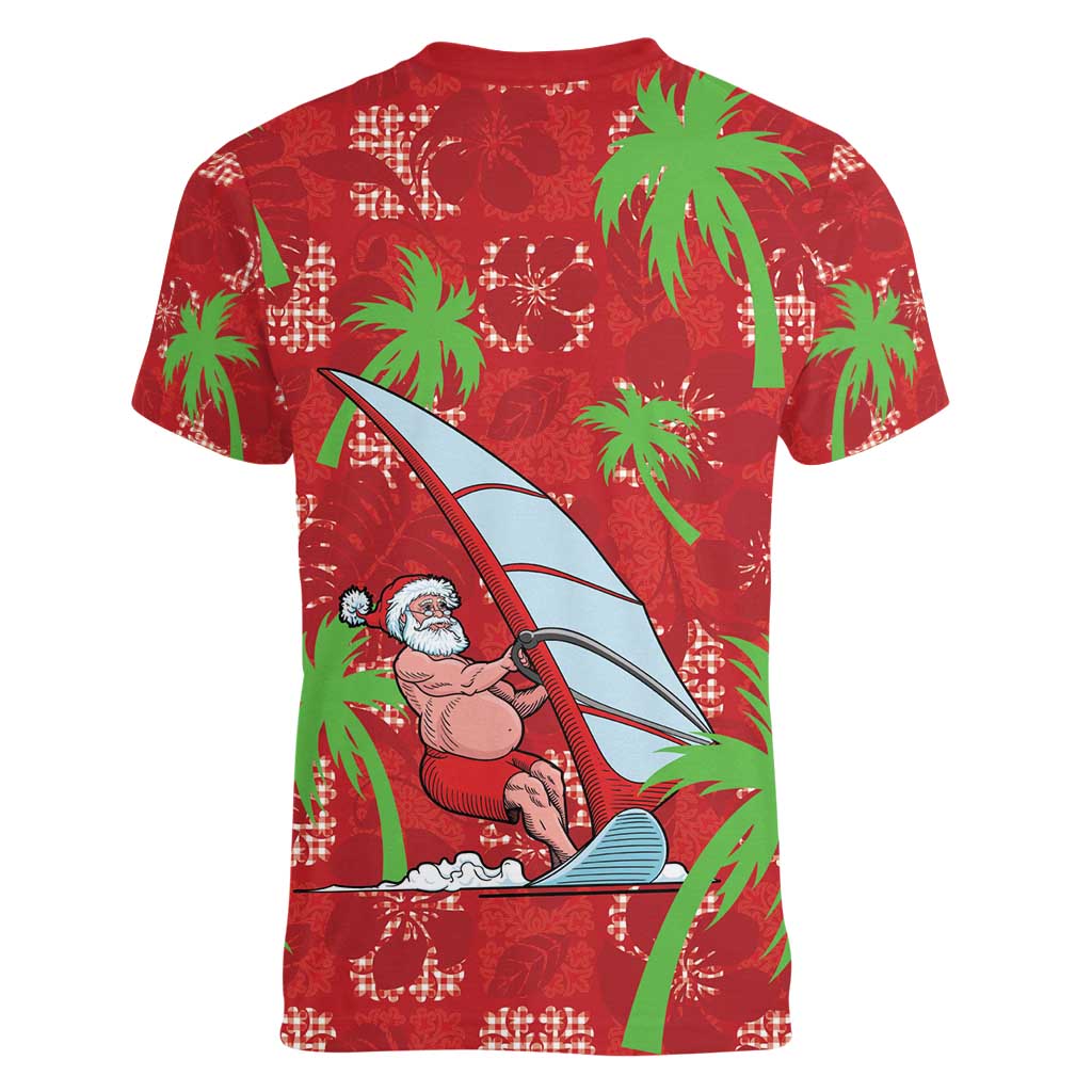 Aloha Hawaii Christmas Women V-Neck T-Shirt Mele Kalikimaka Windsurfing Santa Palaka Quilt Motifs - Polynesian Pride