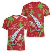 Aloha Hawaii Christmas Women V-Neck T-Shirt Mele Kalikimaka Windsurfing Santa Palaka Quilt Motifs - Polynesian Pride