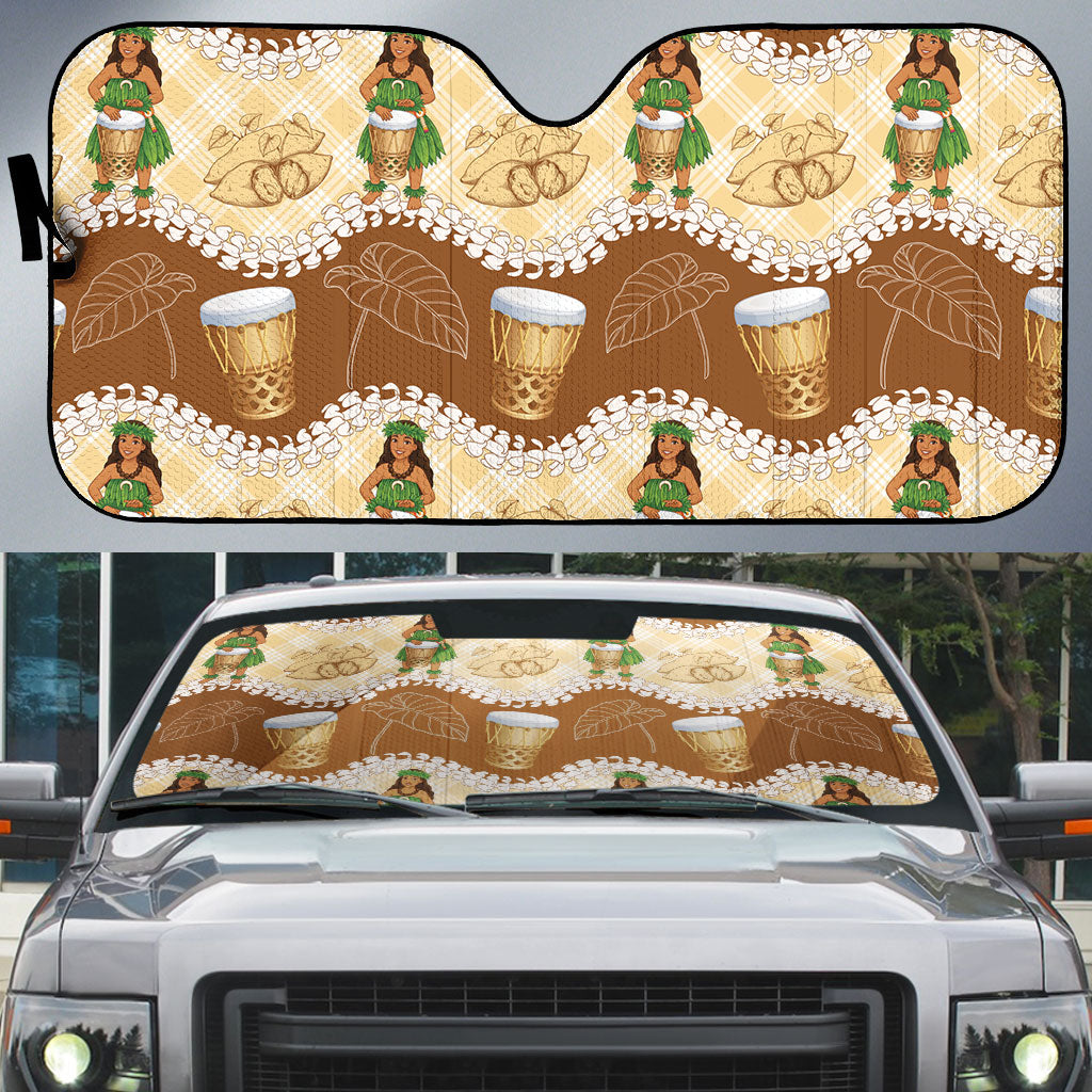 Hula Pahu Hawaii Makahiki Auto Sun Shade Hawaiian Puakenikeni Lei Kalo Uala Palaka Motifs LT14 Brown - Polynesian Pride
