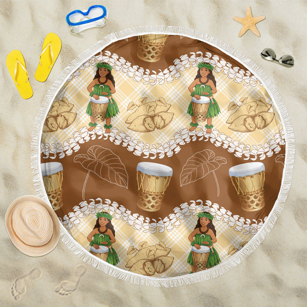 Hula Pahu Hawaii Makahiki Beach Blanket Hawaiian Puakenikeni Lei Kalo Uala Palaka Motifs LT14 One Size 150cm Brown - Polynesian Pride