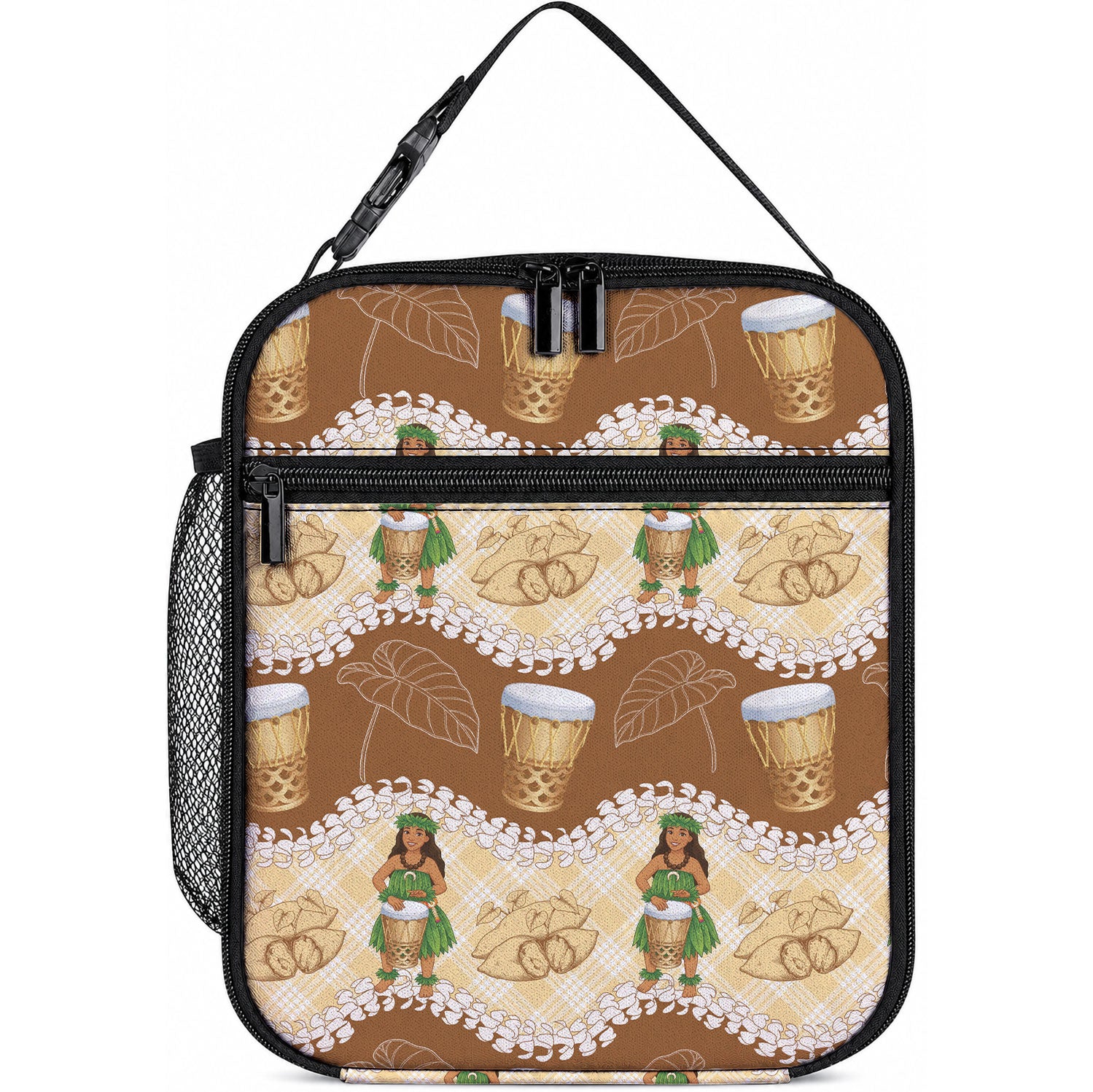 Hula Pahu Hawaii Makahiki Lunch Bag Hawaiian Puakenikeni Lei Kalo Uala Palaka Motifs LT14 10.2 × 8.3 × 4.3 inch Brown - Polynesian Pride