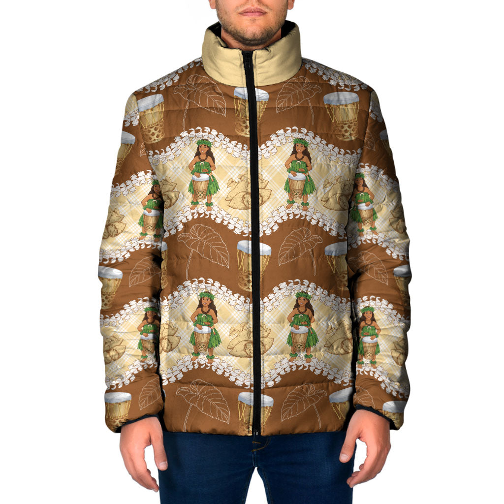 Hula Pahu Hawaii Makahiki Padded Jacket Hawaiian Puakenikeni Lei Kalo Uala Palaka Motifs LT14 Men Brown - Polynesian Pride