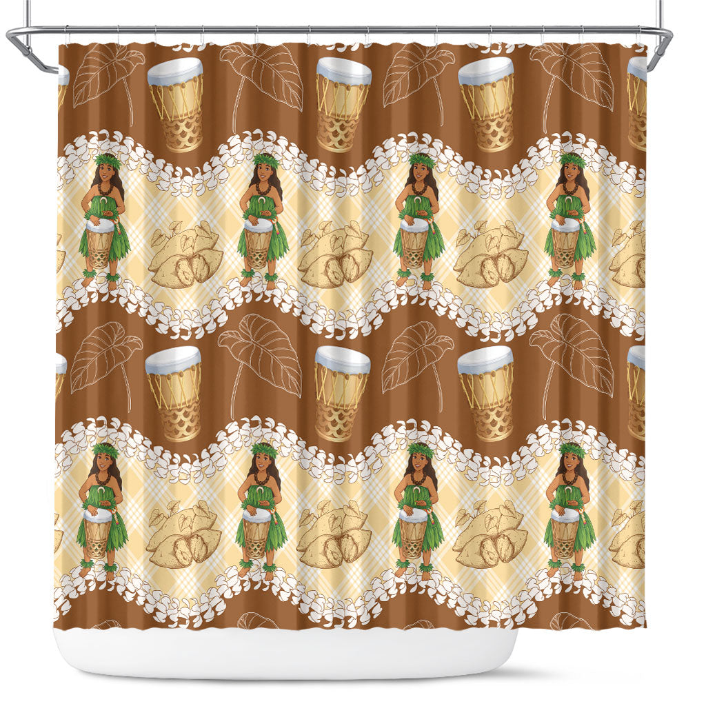 Hula Pahu Hawaii Makahiki Shower Curtain Hawaiian Puakenikeni Lei Kalo Uala Palaka Motifs LT14 Brown - Polynesian Pride