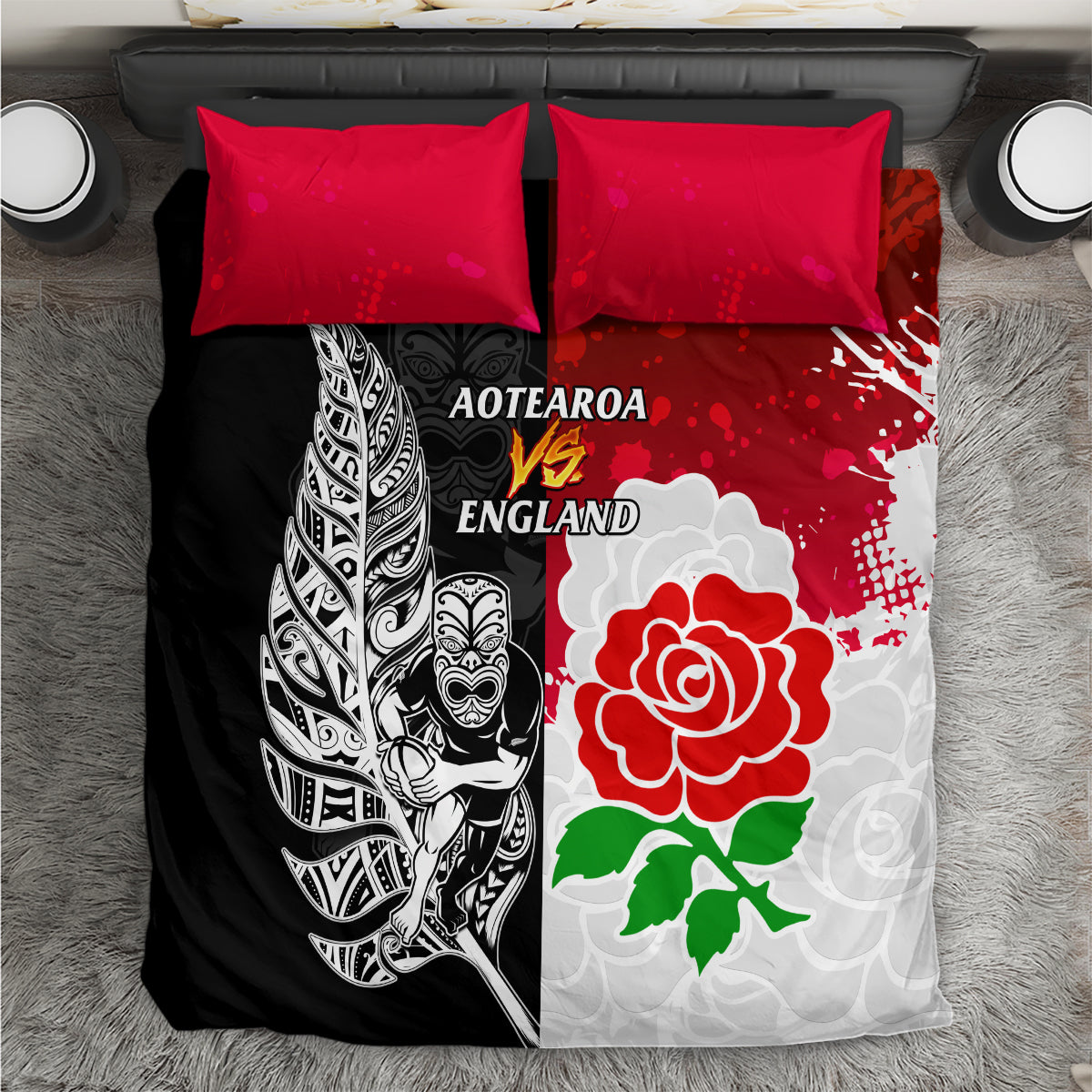 New Zealand And England Rugby Bedding Set 2023 World Cup All Black Combine Red Roses LT14 Black - Polynesian Pride