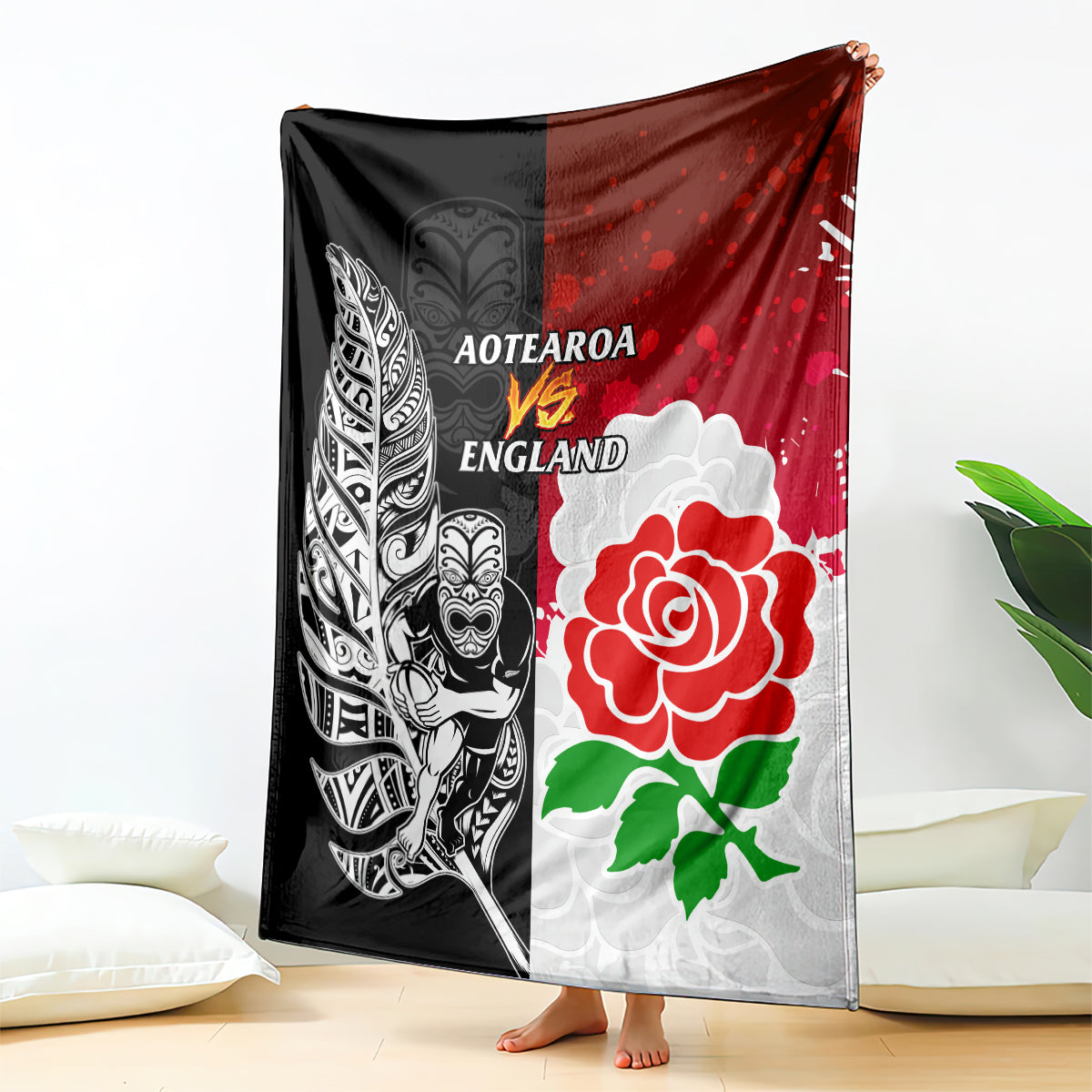 New Zealand And England Rugby Blanket 2023 World Cup All Black Combine Red Roses LT14 Black - Polynesian Pride