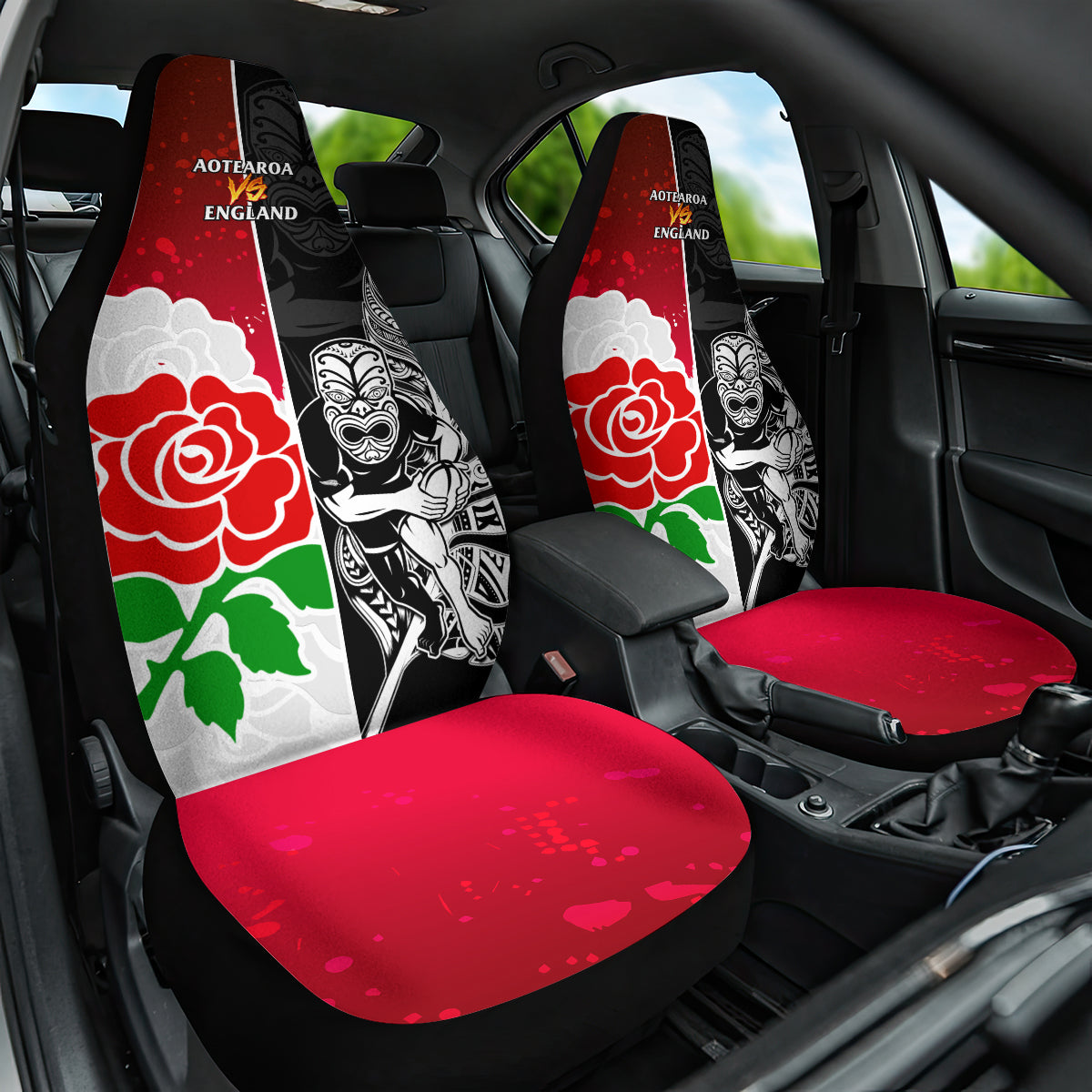 New Zealand And England Rugby Car Seat Cover 2023 World Cup All Black Combine Red Roses LT14 One Size Black - Polynesian Pride