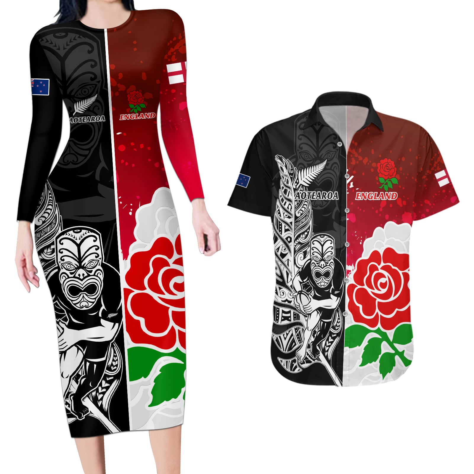 New Zealand And England Rugby Couples Matching Long Sleeve Bodycon Dress and Hawaiian Shirt 2023 World Cup All Black Combine Red Roses LT14 Black - Polynesian Pride