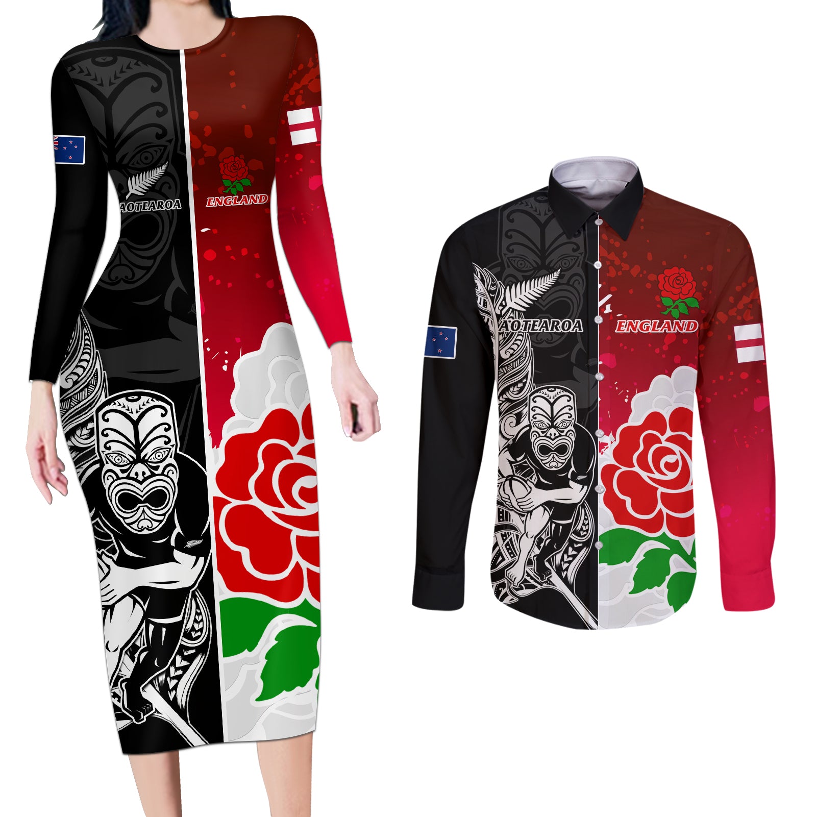 New Zealand And England Rugby Couples Matching Long Sleeve Bodycon Dress and Long Sleeve Button Shirt 2023 World Cup All Black Combine Red Roses LT14 Black - Polynesian Pride