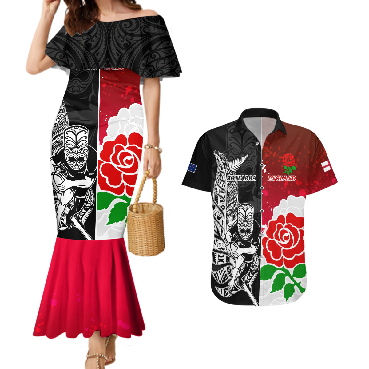 New Zealand And England Rugby Couples Matching Mermaid Dress and Hawaiian Shirt 2023 World Cup All Black Combine Red Roses LT14 Black - Polynesian Pride