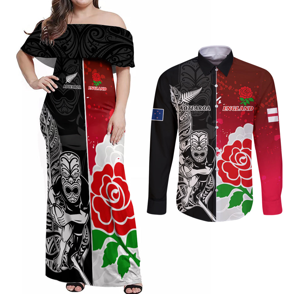 New Zealand And England Rugby Couples Matching Off Shoulder Maxi Dress and Long Sleeve Button Shirt 2023 World Cup All Black Combine Red Roses LT14 Black - Polynesian Pride