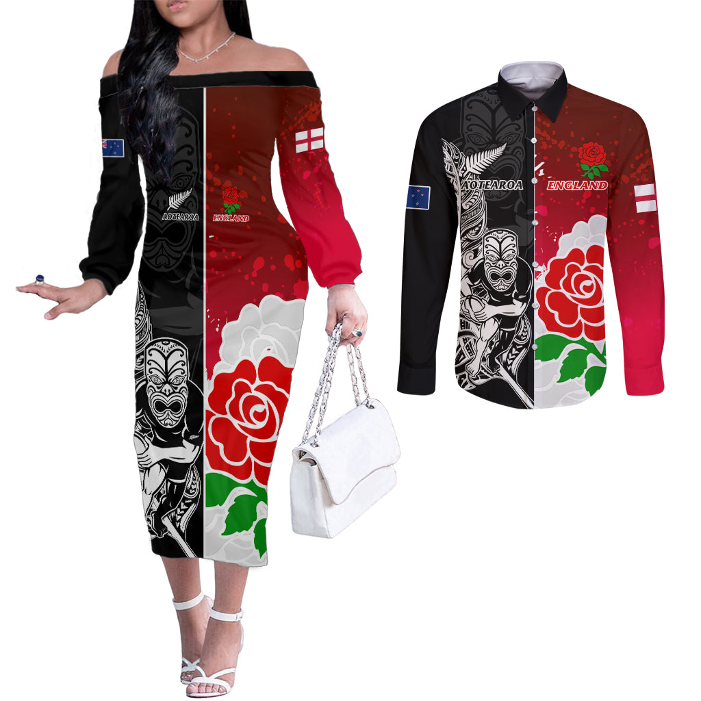 New Zealand And England Rugby Couples Matching Off The Shoulder Long Sleeve Dress and Long Sleeve Button Shirt 2023 World Cup All Black Combine Red Roses LT14 Black - Polynesian Pride