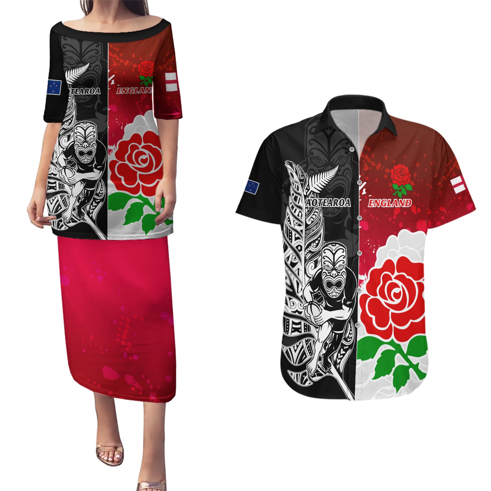 New Zealand And England Rugby Couples Matching Puletasi Dress and Hawaiian Shirt 2023 World Cup All Black Combine Red Roses LT14 Black - Polynesian Pride