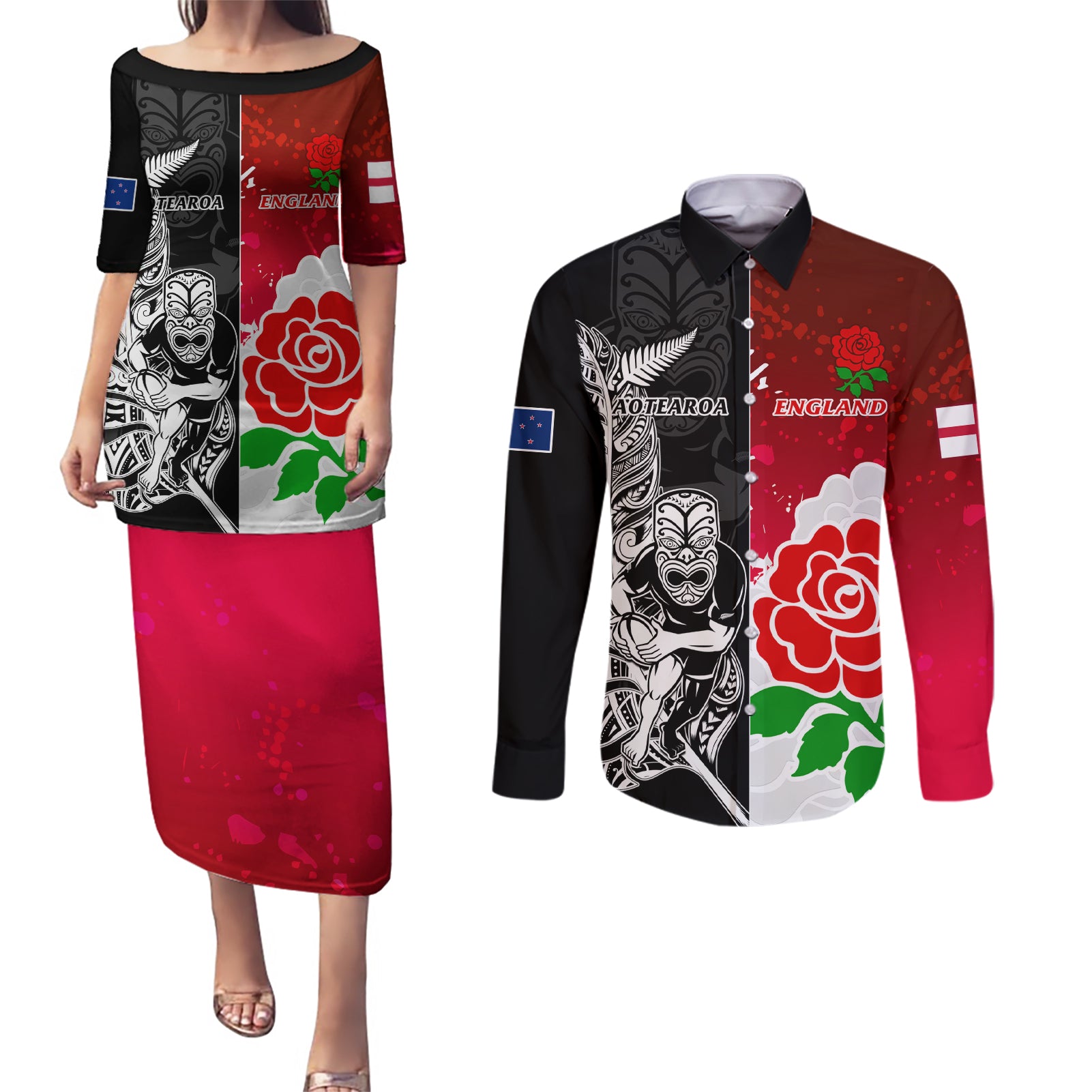 New Zealand And England Rugby Couples Matching Puletasi Dress and Long Sleeve Button Shirt 2023 World Cup All Black Combine Red Roses LT14 Black - Polynesian Pride