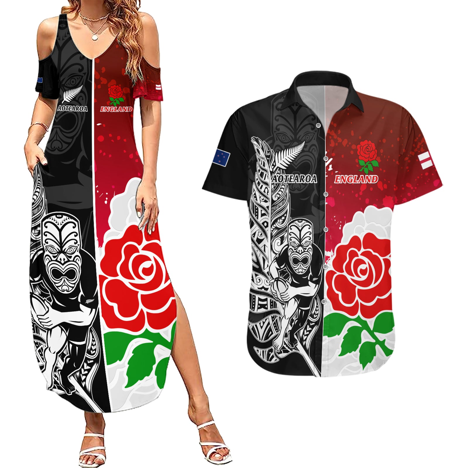 New Zealand And England Rugby Couples Matching Summer Maxi Dress and Hawaiian Shirt 2023 World Cup All Black Combine Red Roses LT14 Black - Polynesian Pride