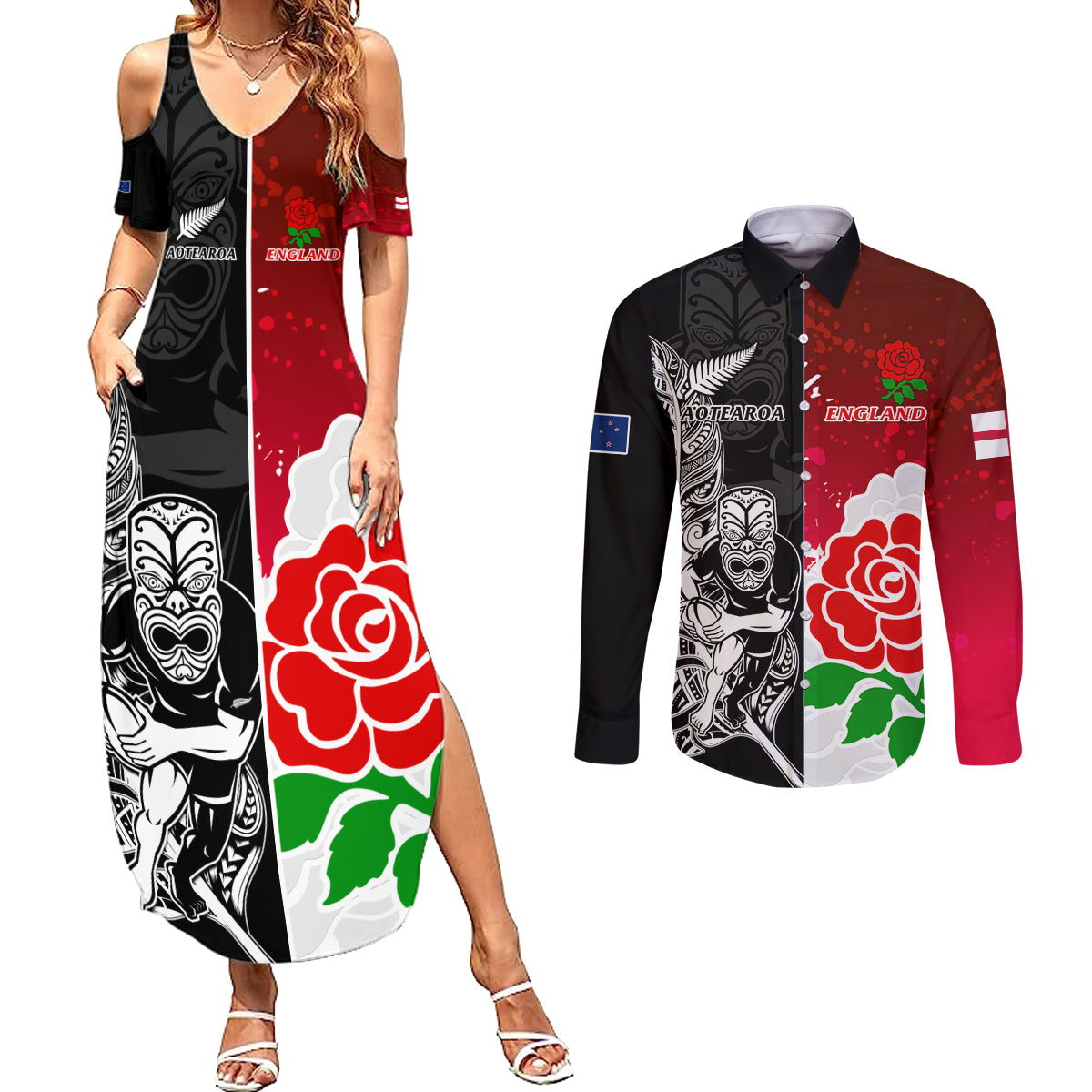 New Zealand And England Rugby Couples Matching Summer Maxi Dress and Long Sleeve Button Shirt 2023 World Cup All Black Combine Red Roses LT14 Black - Polynesian Pride