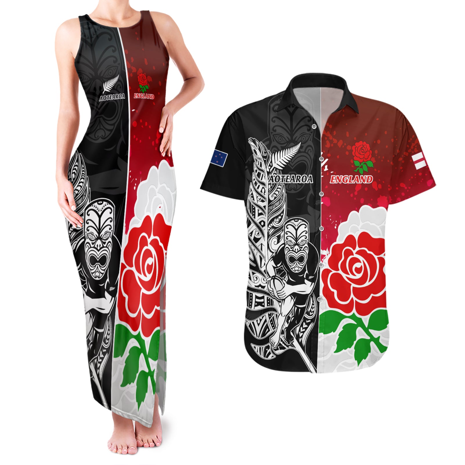 New Zealand And England Rugby Couples Matching Tank Maxi Dress and Hawaiian Shirt 2023 World Cup All Black Combine Red Roses LT14 Black - Polynesian Pride