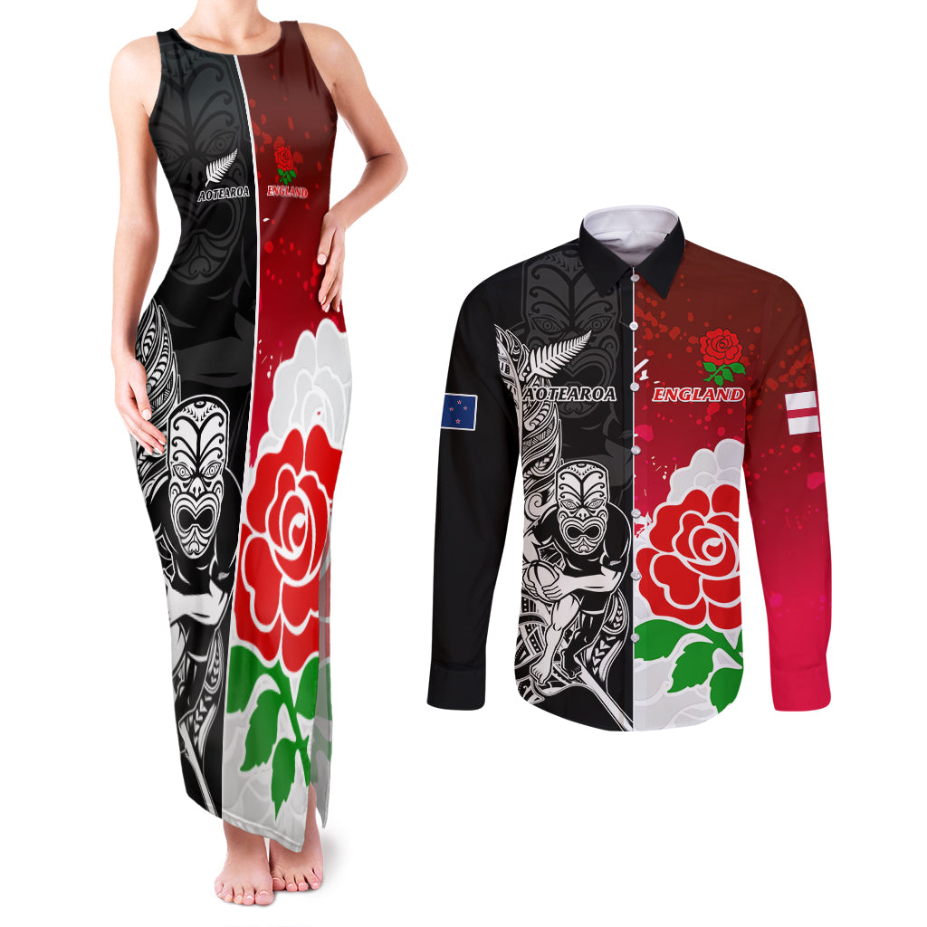 New Zealand And England Rugby Couples Matching Tank Maxi Dress and Long Sleeve Button Shirt 2023 World Cup All Black Combine Red Roses LT14 Black - Polynesian Pride