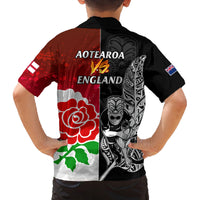 New Zealand And England Rugby Family Matching Off Shoulder Maxi Dress and Hawaiian Shirt 2023 World Cup All Black Combine Red Roses LT14 - Polynesian Pride