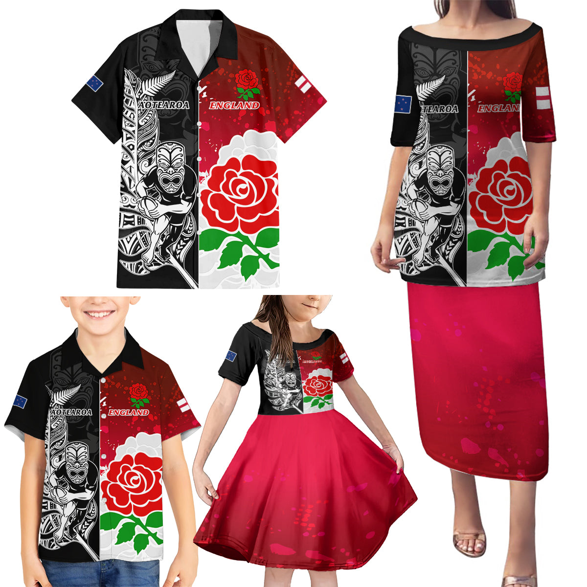 New Zealand And England Rugby Family Matching Puletasi Dress and Hawaiian Shirt 2023 World Cup All Black Combine Red Roses LT14 - Polynesian Pride