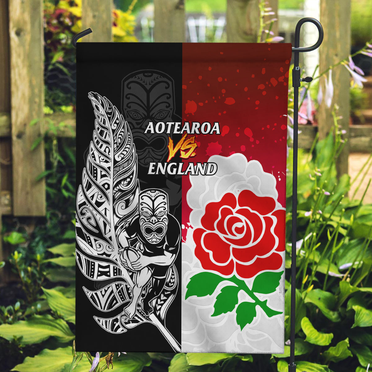 New Zealand And England Rugby Garden Flag 2023 World Cup All Black Combine Red Roses LT14 Garden Flag Black - Polynesian Pride