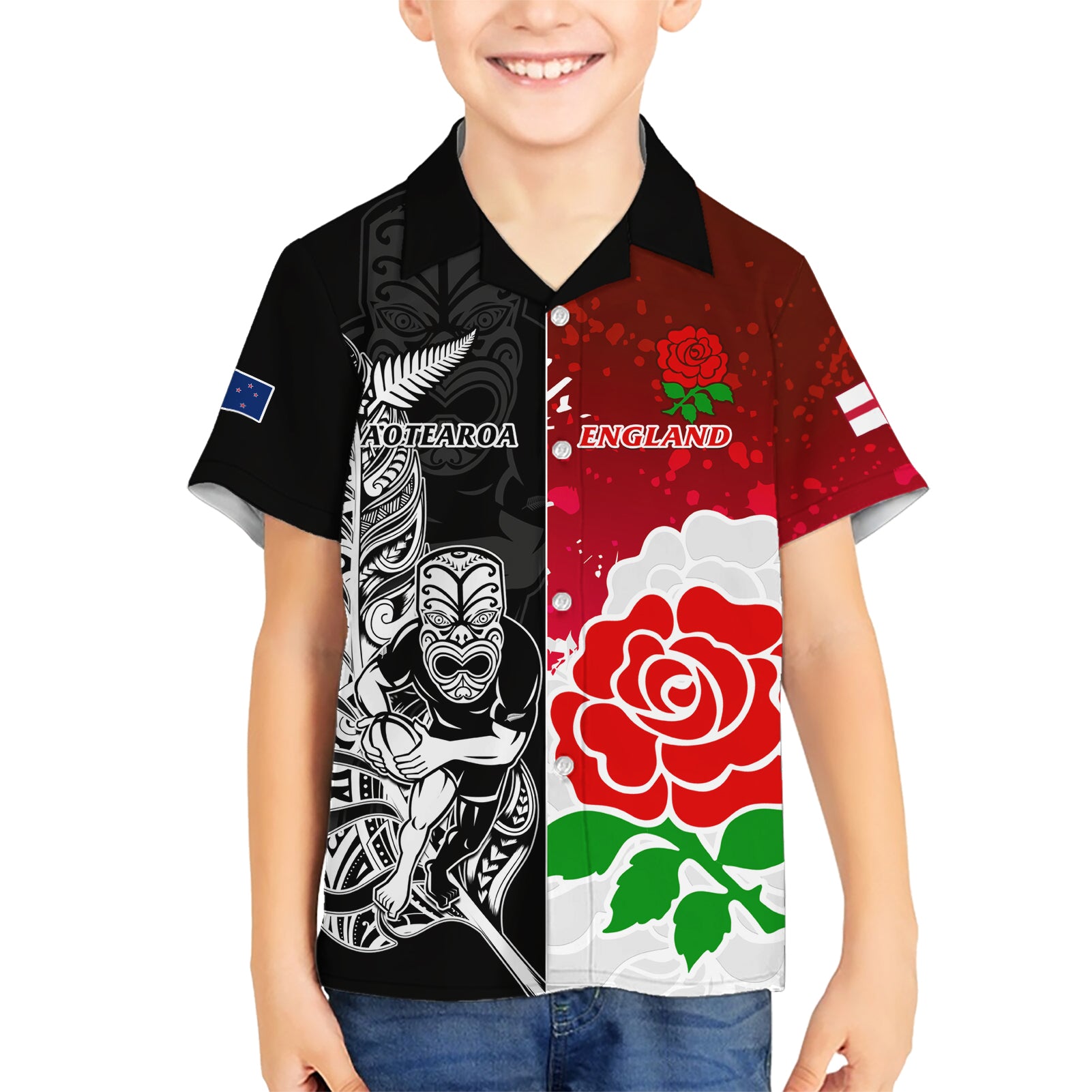 New Zealand And England Rugby Kid Hawaiian Shirt 2023 World Cup All Black Combine Red Roses LT14 Kid Black - Polynesian Pride