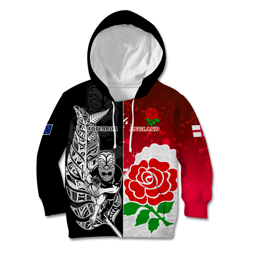 New Zealand And England Rugby Kid Hoodie 2023 World Cup All Black Combine Red Roses LT14 Hoodie Black - Polynesian Pride