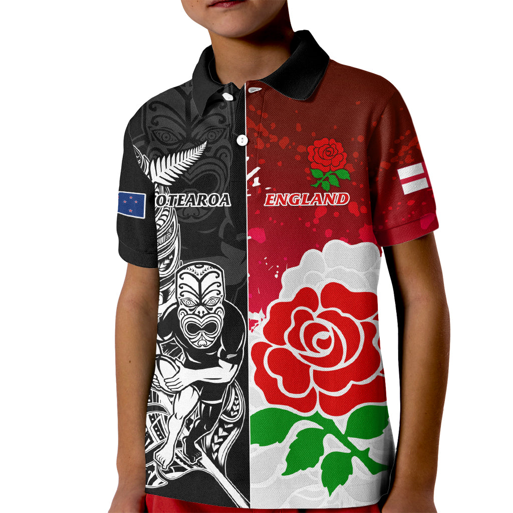 New Zealand And England Rugby Kid Polo Shirt 2023 World Cup All Black Combine Red Roses LT14 Kid Black - Polynesian Pride