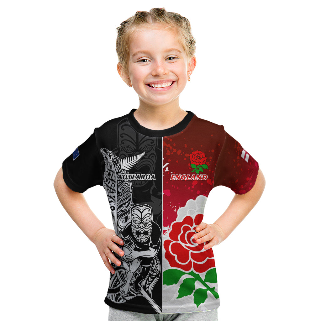 New Zealand And England Rugby Kid T Shirt 2023 World Cup All Black Combine Red Roses LT14 Black - Polynesian Pride