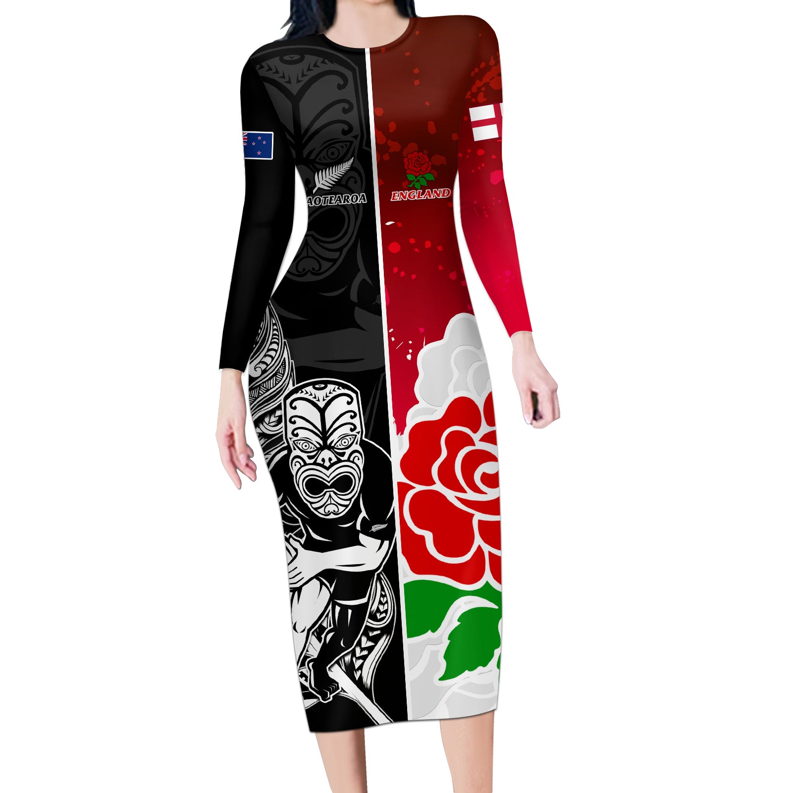 New Zealand And England Rugby Long Sleeve Bodycon Dress 2023 World Cup All Black Combine Red Roses LT14 Long Dress Black - Polynesian Pride