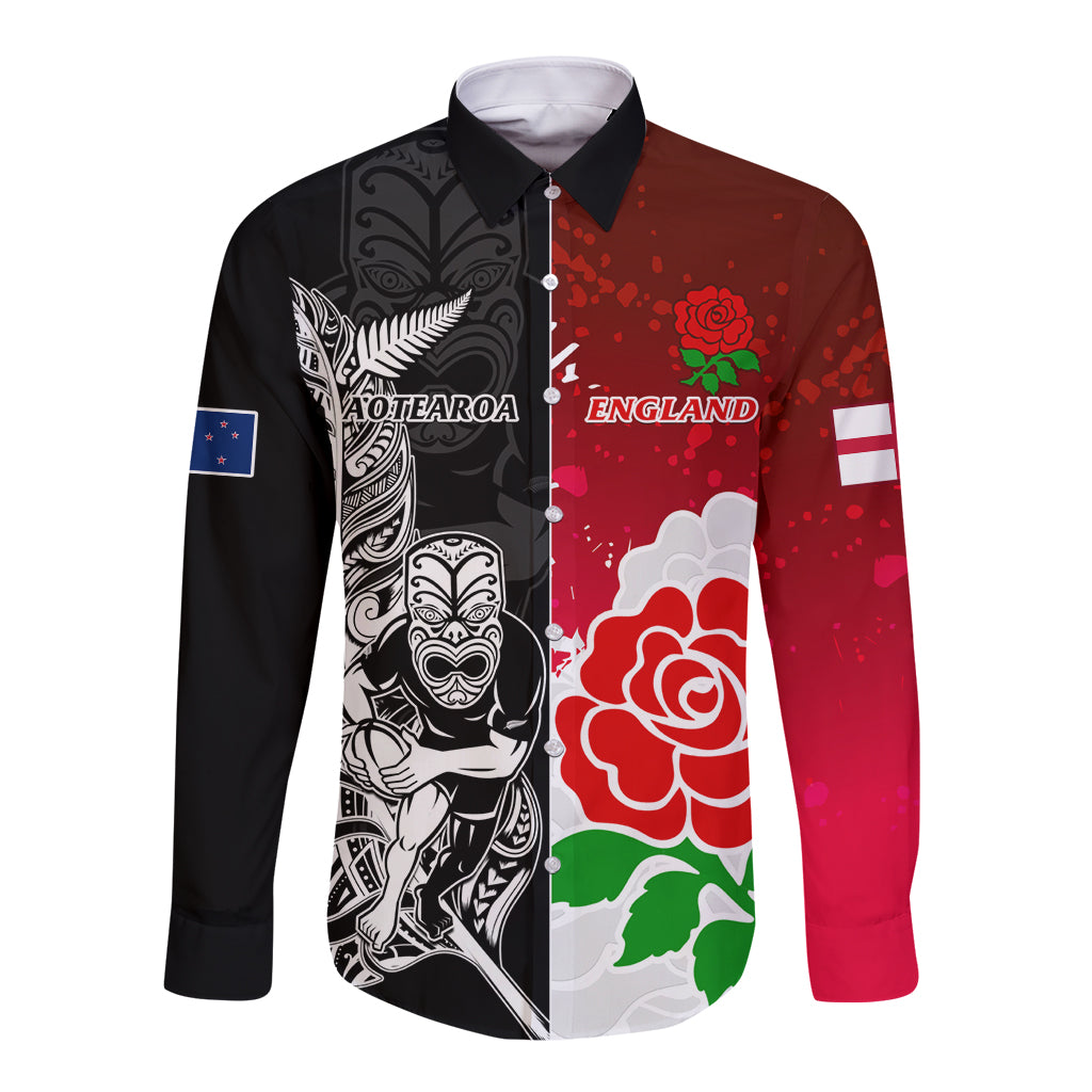 New Zealand And England Rugby Long Sleeve Button Shirt 2023 World Cup All Black Combine Red Roses LT14 Unisex Black - Polynesian Pride