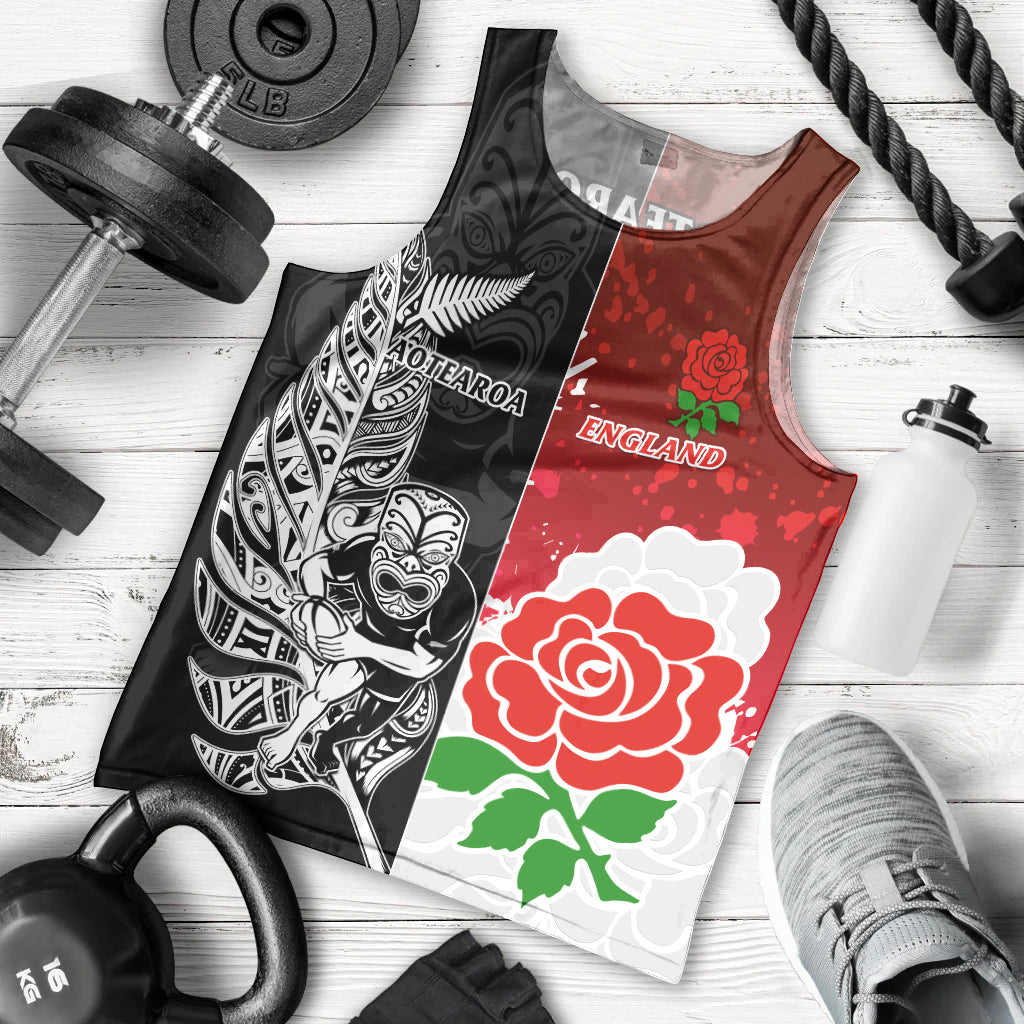 New Zealand And England Rugby Men Tank Top 2023 World Cup All Black Combine Red Roses LT14 Black - Polynesian Pride