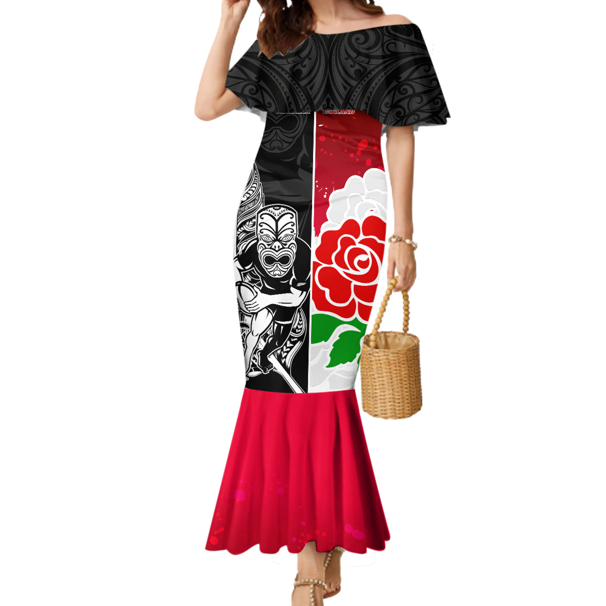 New Zealand And England Rugby Mermaid Dress 2023 World Cup All Black Combine Red Roses LT14 Women Black - Polynesian Pride