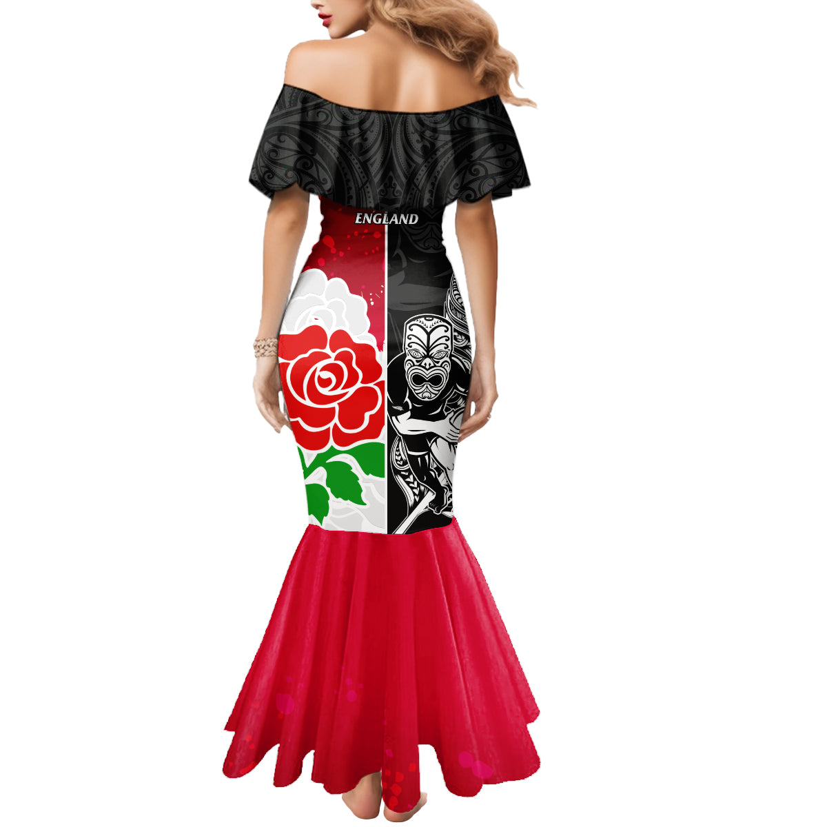 New Zealand And England Rugby Mermaid Dress 2023 World Cup All Black Combine Red Roses LT14 - Polynesian Pride