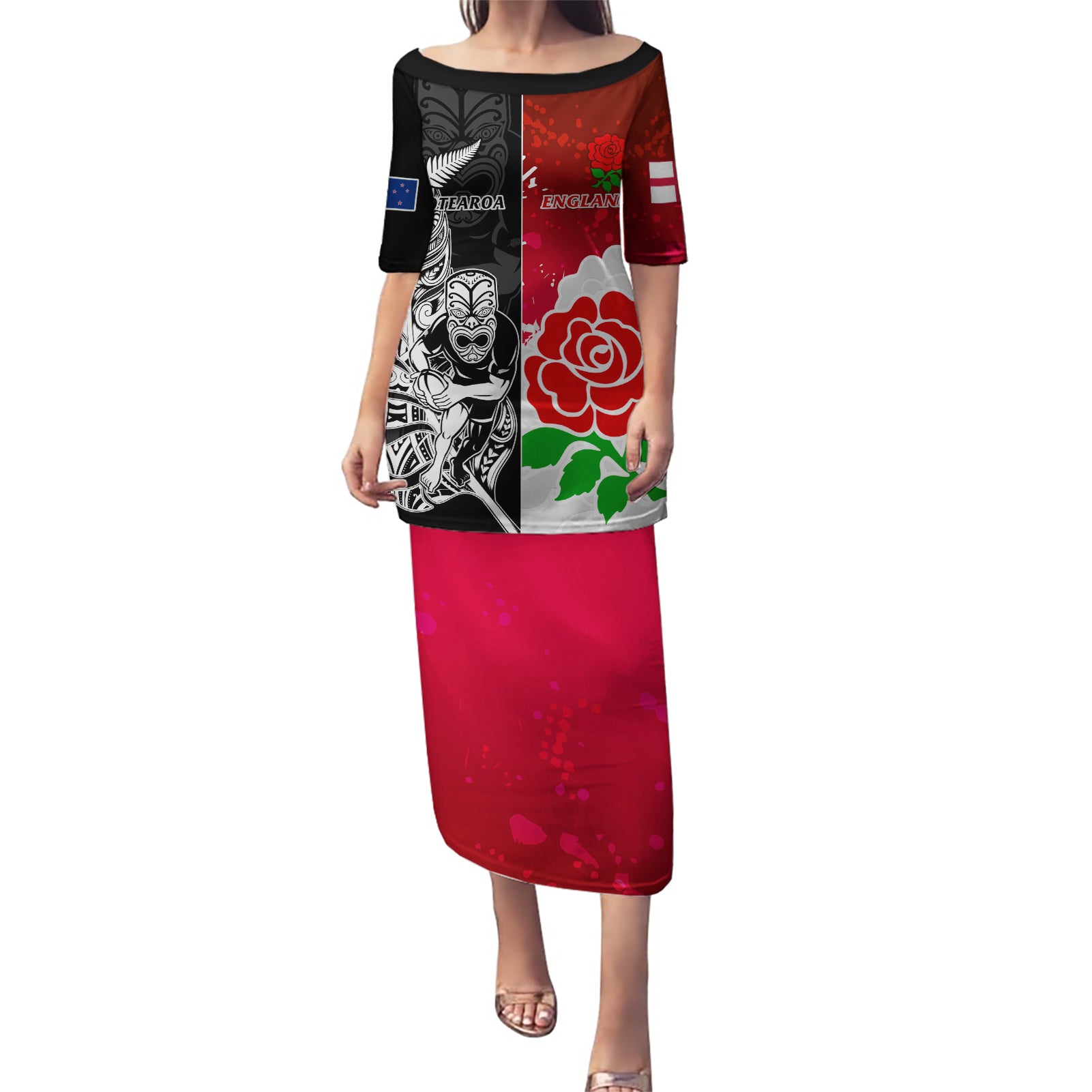 New Zealand And England Rugby Puletasi 2023 World Cup All Black Combine Red Roses LT14 Long Dress Black - Polynesian Pride