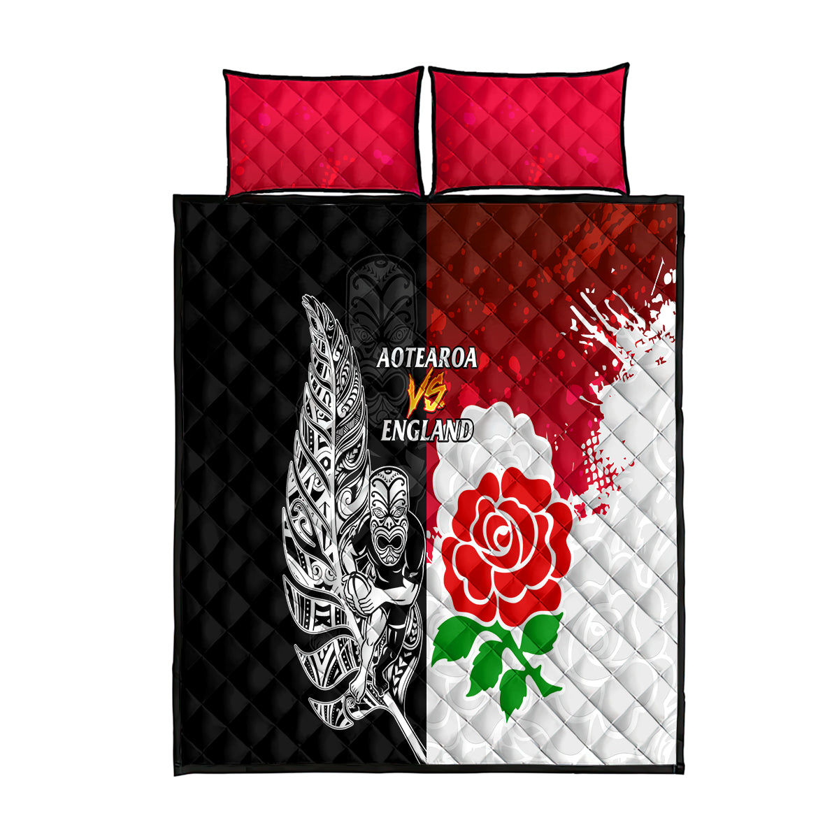 New Zealand And England Rugby Quilt Bed Set 2023 World Cup All Black Combine Red Roses LT14 Black - Polynesian Pride