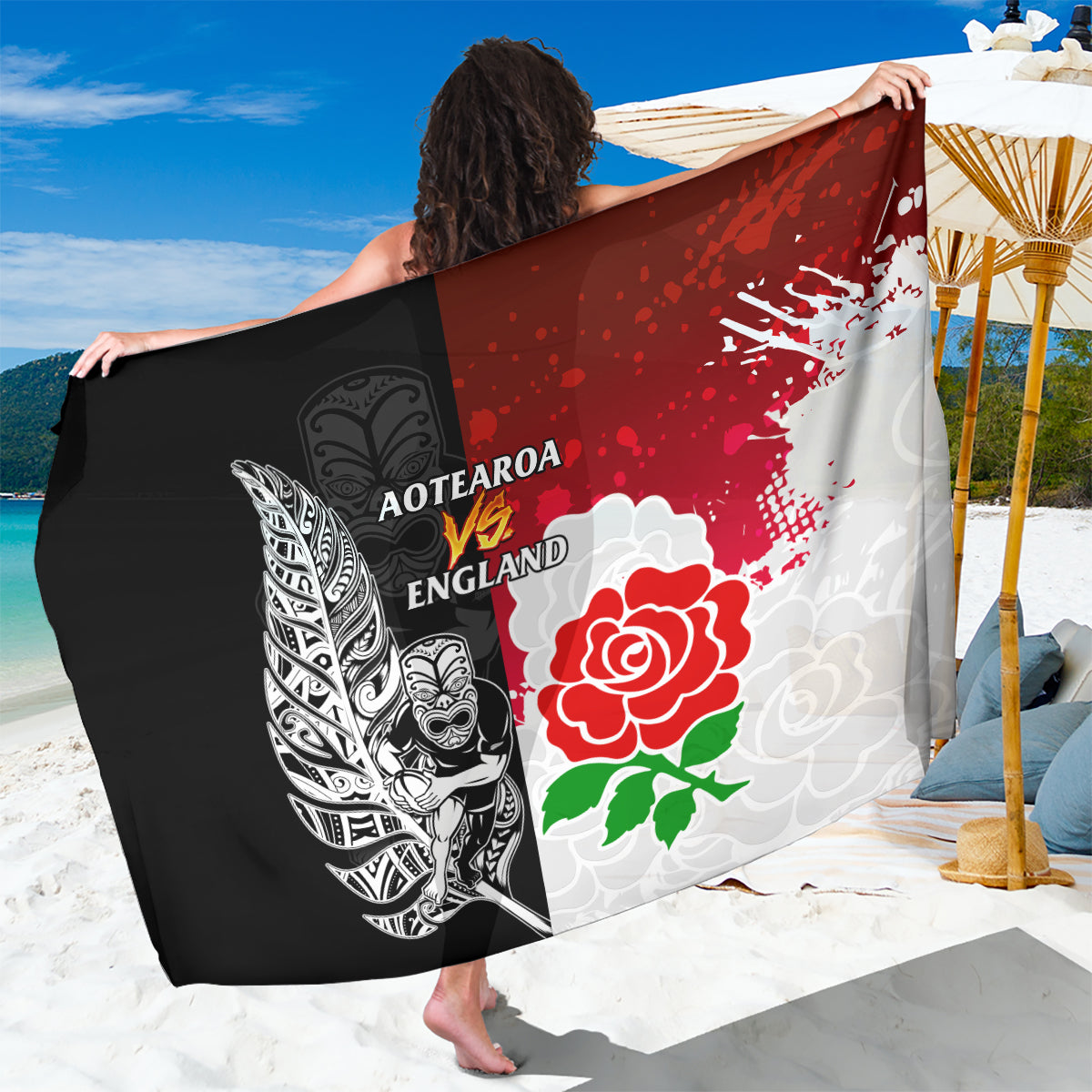 New Zealand And England Rugby Sarong 2023 World Cup All Black Combine Red Roses LT14 One Size 44 x 66 inches Black - Polynesian Pride