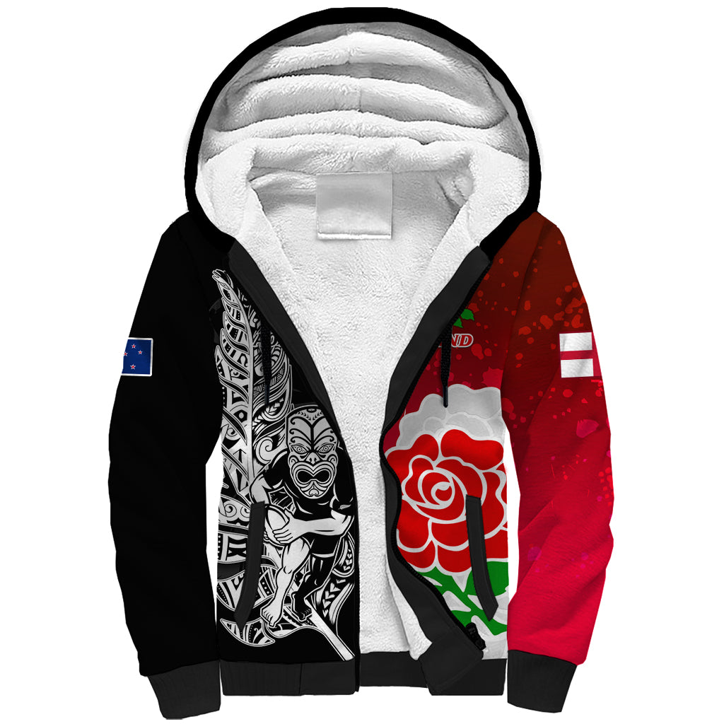 New Zealand And England Rugby Sherpa Hoodie 2023 World Cup All Black Combine Red Roses LT14 Unisex Black - Polynesian Pride