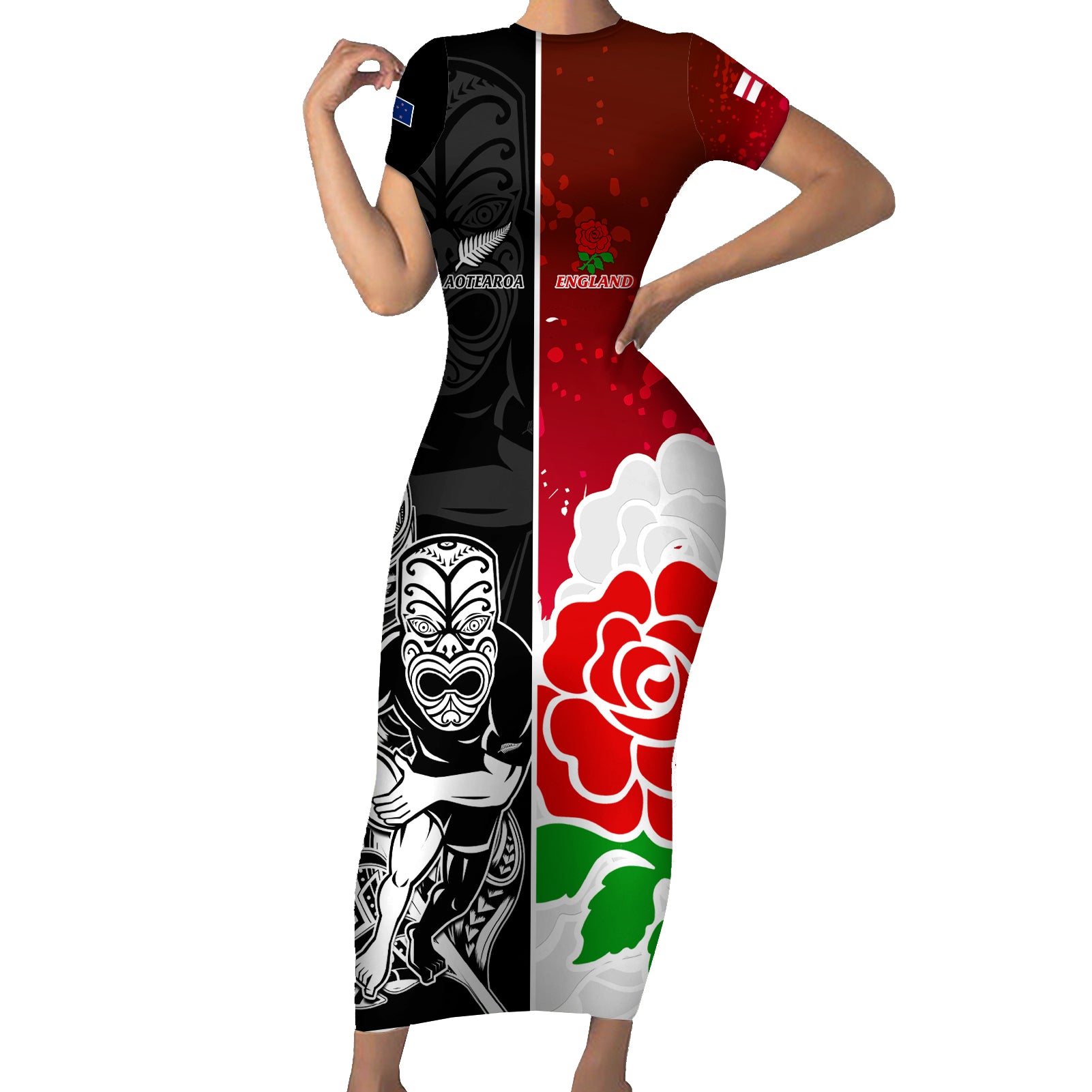 New Zealand And England Rugby Short Sleeve Bodycon Dress 2023 World Cup All Black Combine Red Roses LT14 Long Dress Black - Polynesian Pride