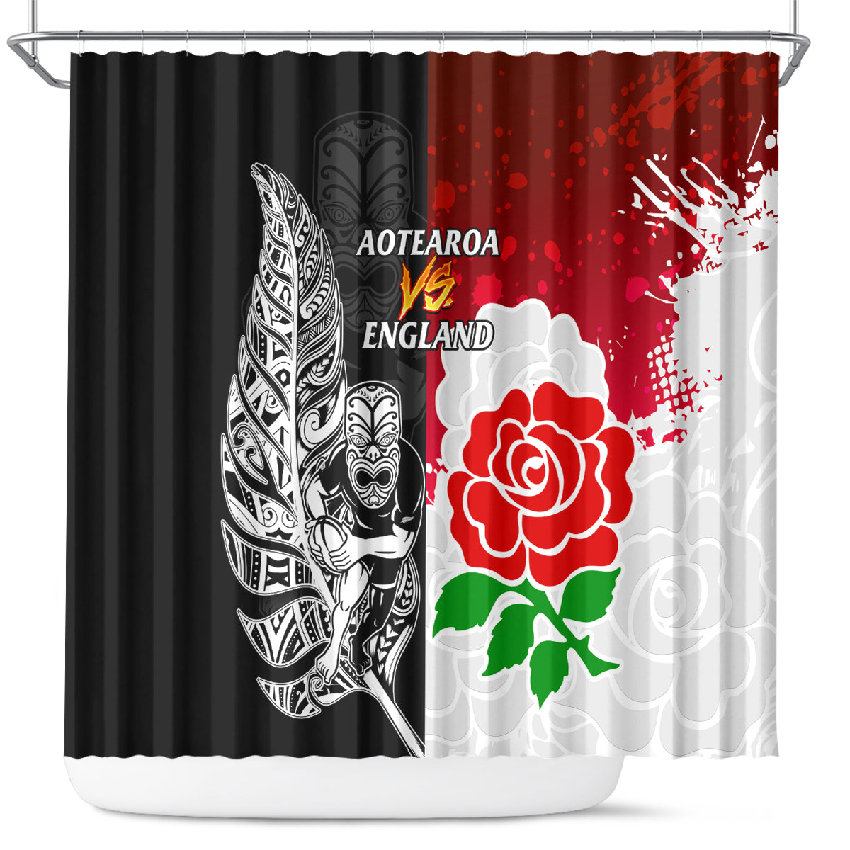 New Zealand And England Rugby Shower Curtain 2023 World Cup All Black Combine Red Roses LT14 Black - Polynesian Pride