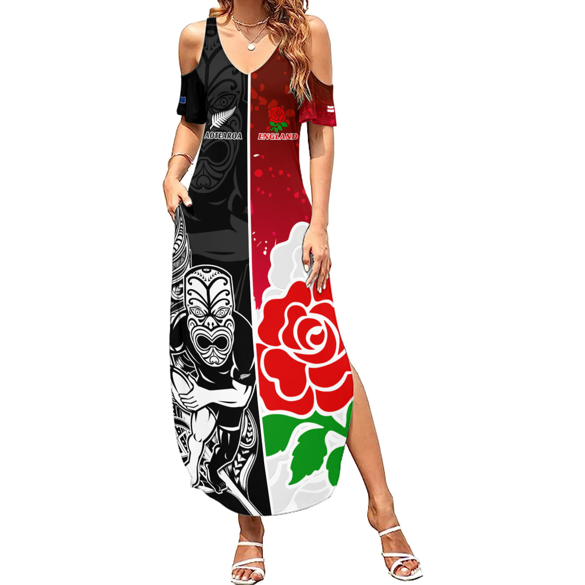 New Zealand And England Rugby Summer Maxi Dress 2023 World Cup All Black Combine Red Roses LT14 Women Black - Polynesian Pride