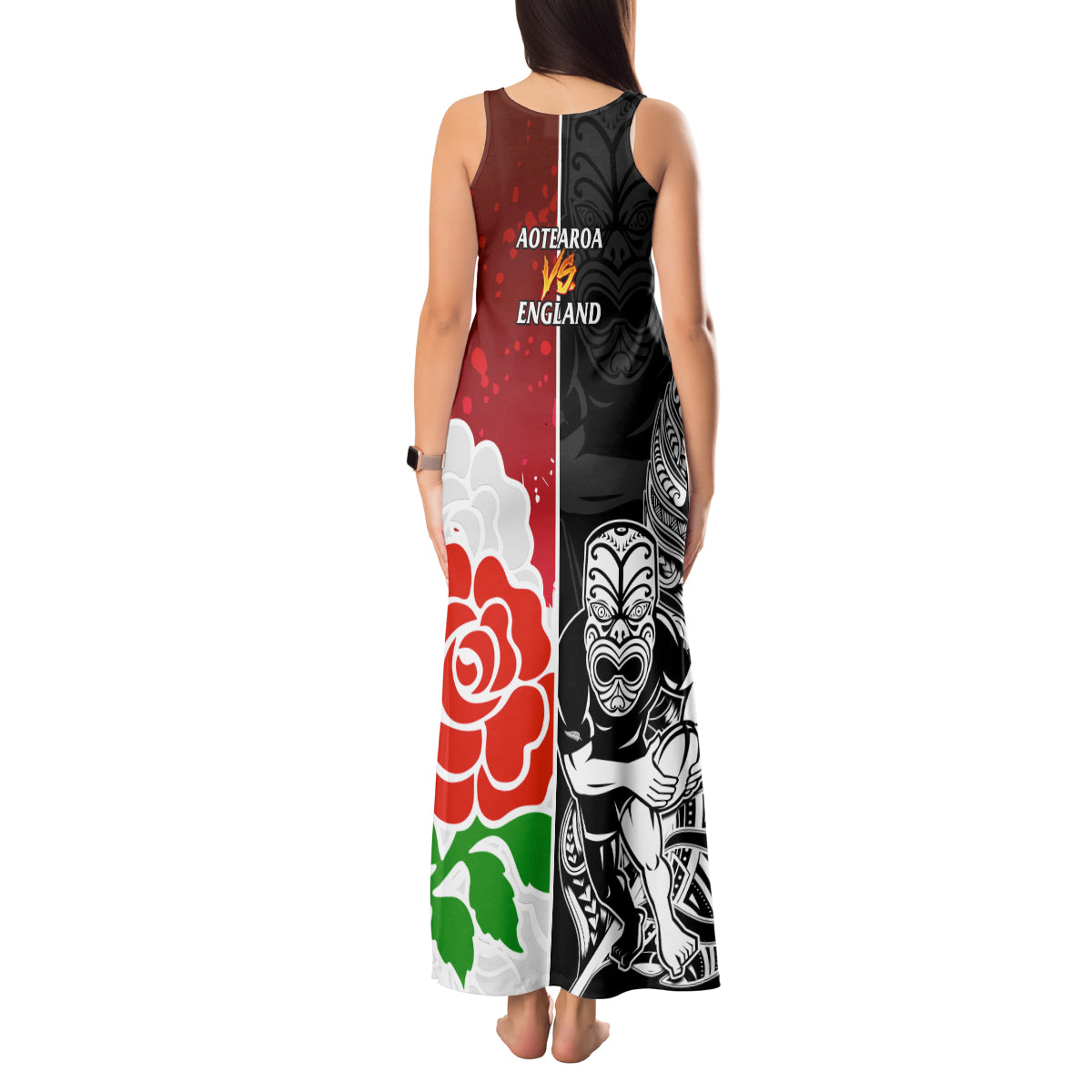 New Zealand And England Rugby Tank Maxi Dress 2023 World Cup All Black Combine Red Roses LT14 - Polynesian Pride