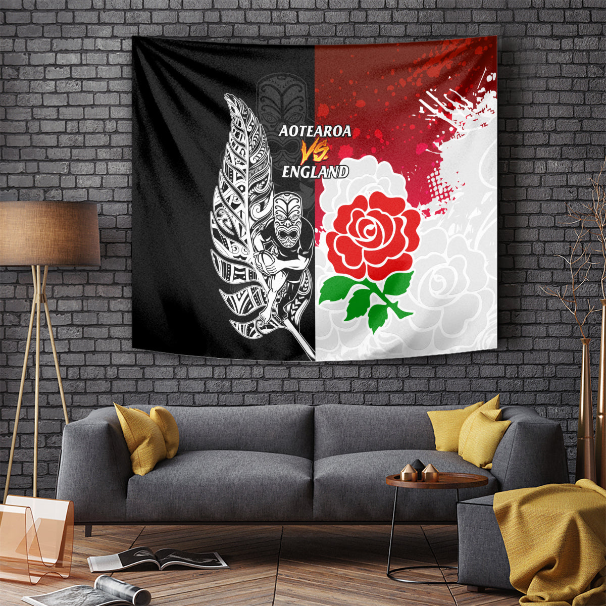 New Zealand And England Rugby Tapestry 2023 World Cup All Black Combine Red Roses LT14 Black - Polynesian Pride