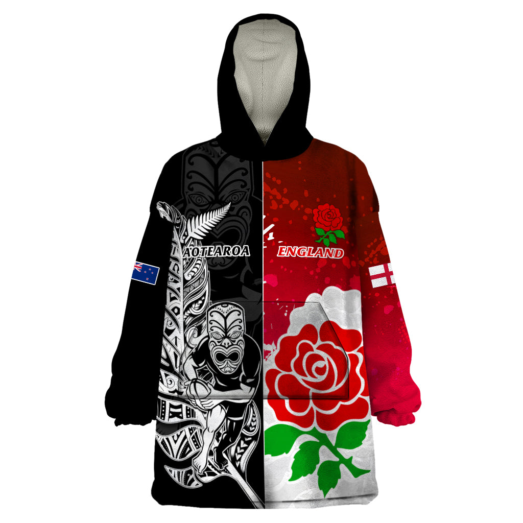 New Zealand And England Rugby Wearable Blanket Hoodie 2023 World Cup All Black Combine Red Roses LT14 One Size Black - Polynesian Pride